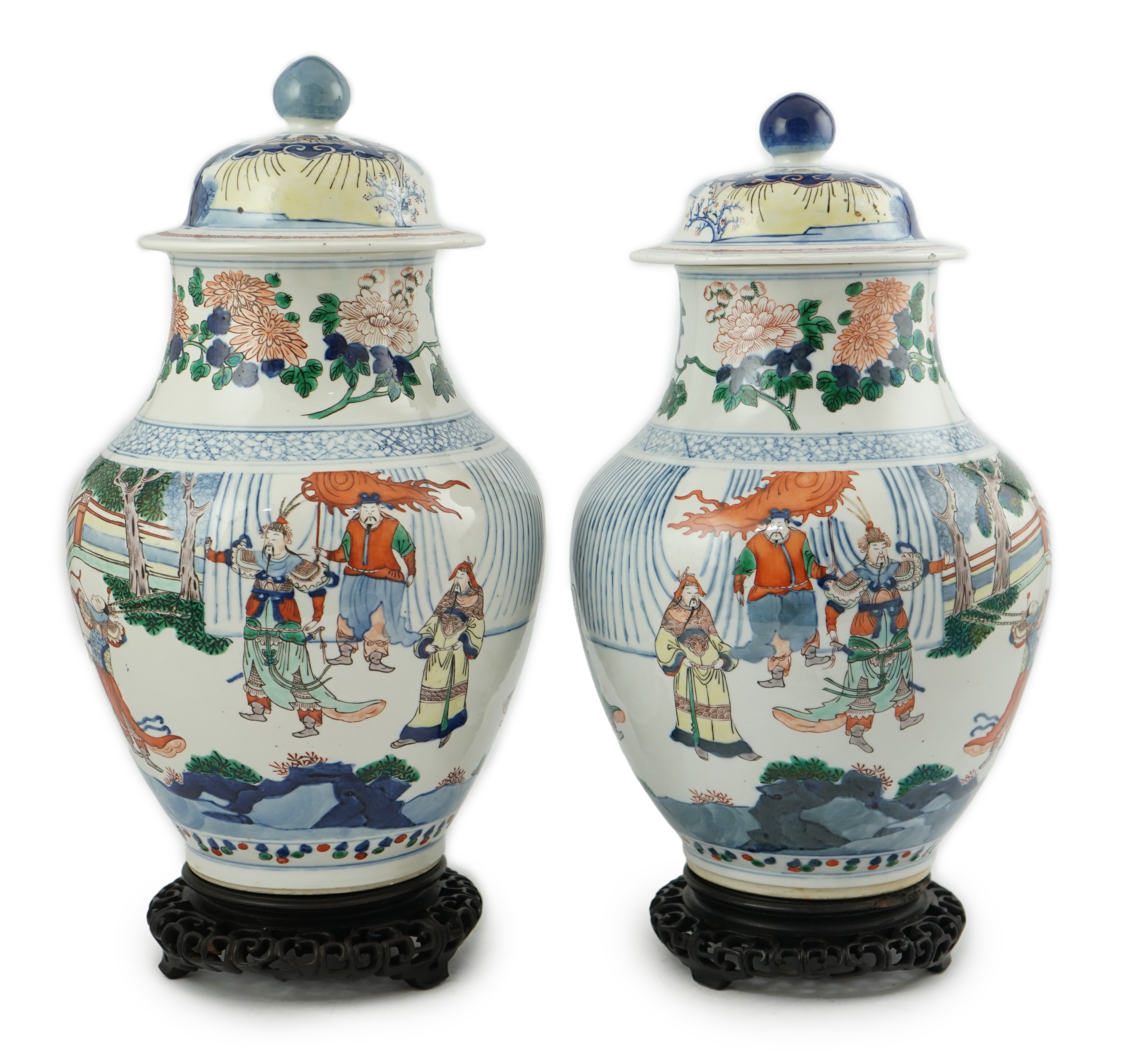 A pair of large Chinese wucai jars and covers, late 19th century